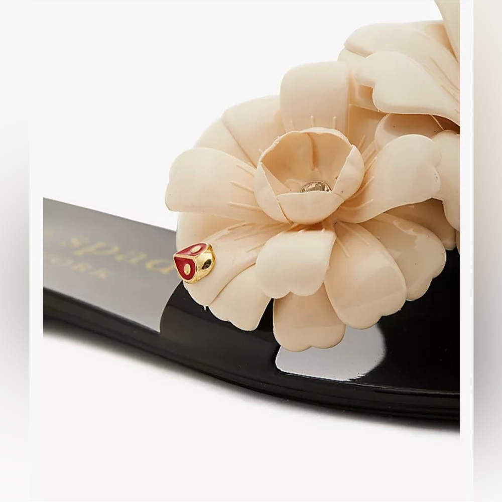 kate spade Black Patent Slide Sandal with Cream Floral Appliqués - Picture 3 of 6